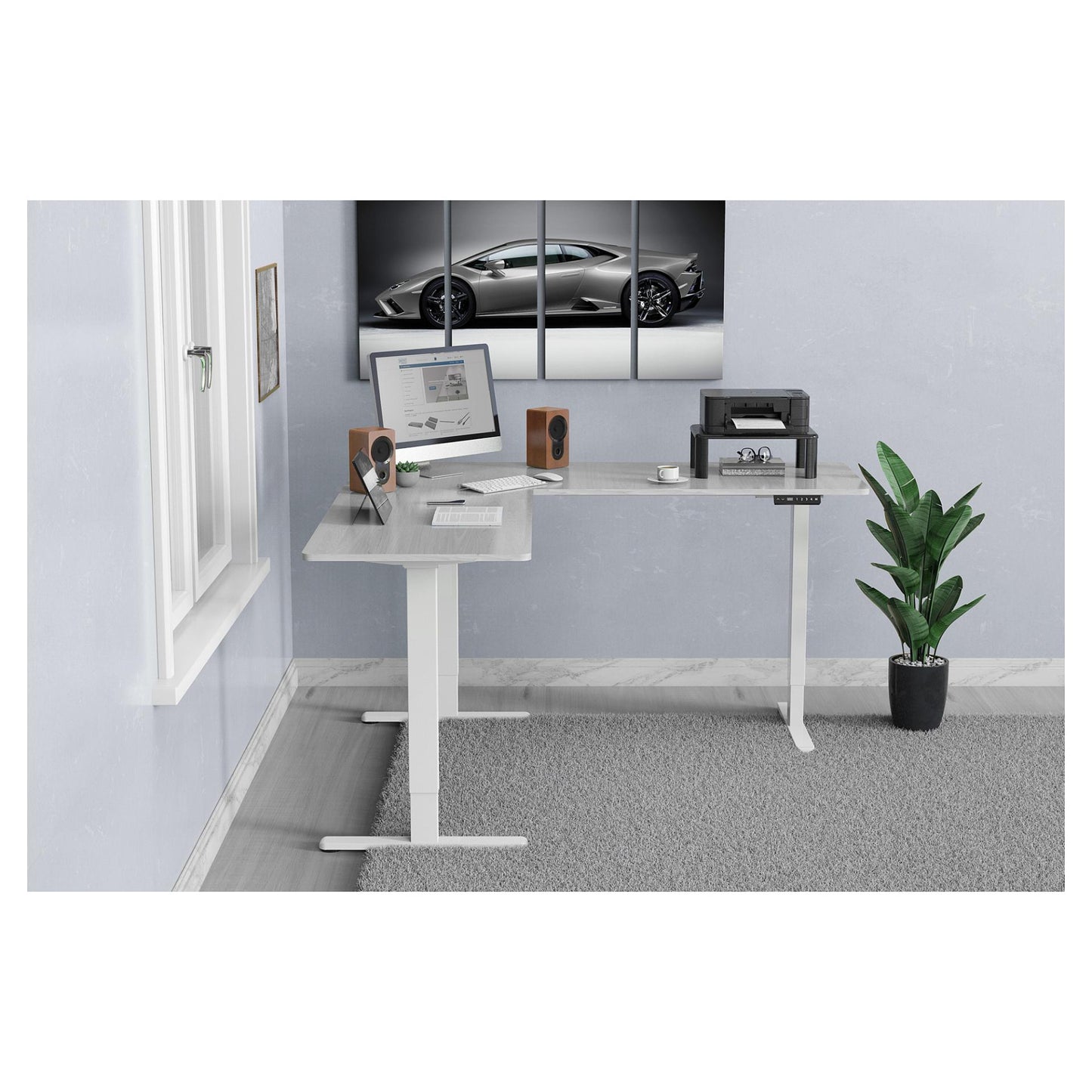 DIGITUS Elektrisch höhenverstellbares Tischgestell, 90° L-Form, Triple-Motor, 2-Stufen, Weiß