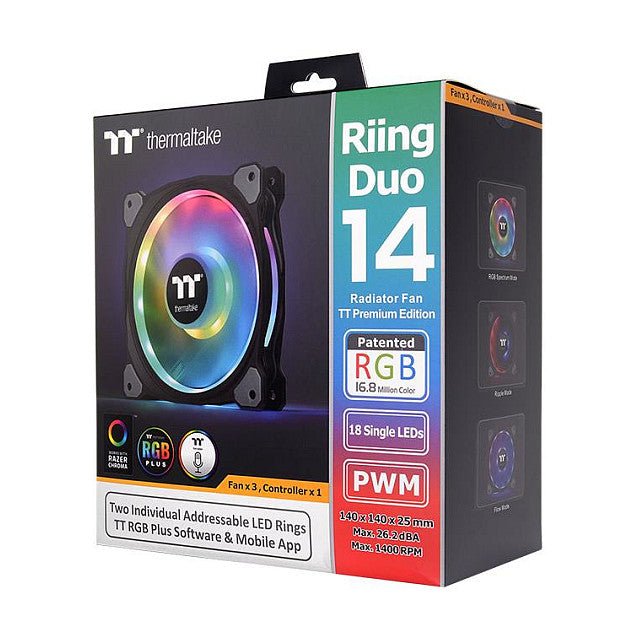 140mm Thermaltake Riing Duo 14 RGB Radiator Fan 3 Pack Dual Riing