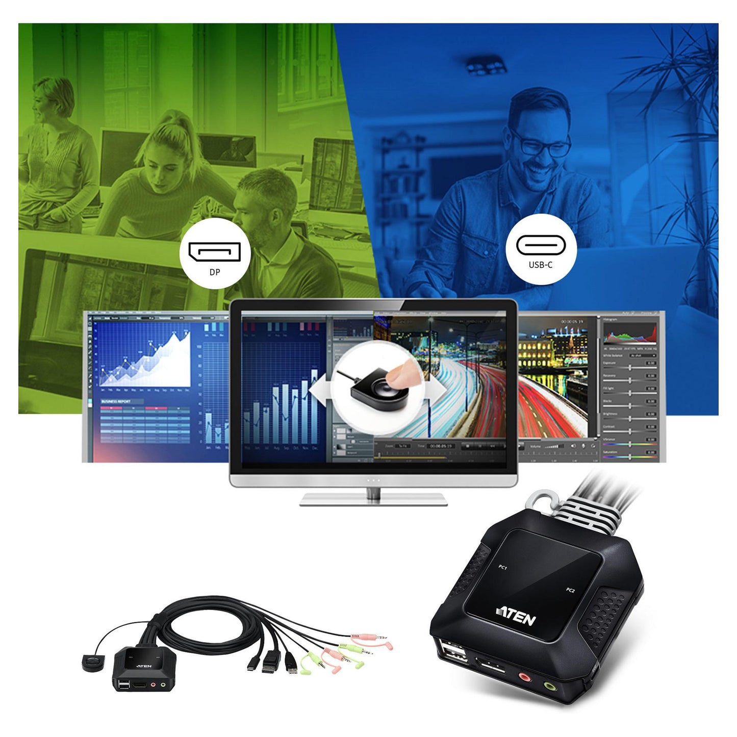 ATEN CS52DP 2-Port USB-C DP Hybrid Kabel KVM