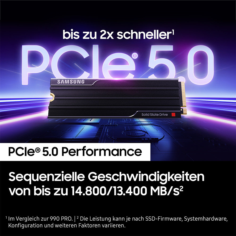 M.2. SAMSUNG 9100 PRO Heatsink NVMe 2TB PCIe 5.0 14.800 MB/s Lesen 13.400 MB/s Schreiben Interne SSD fr PC-Gaming