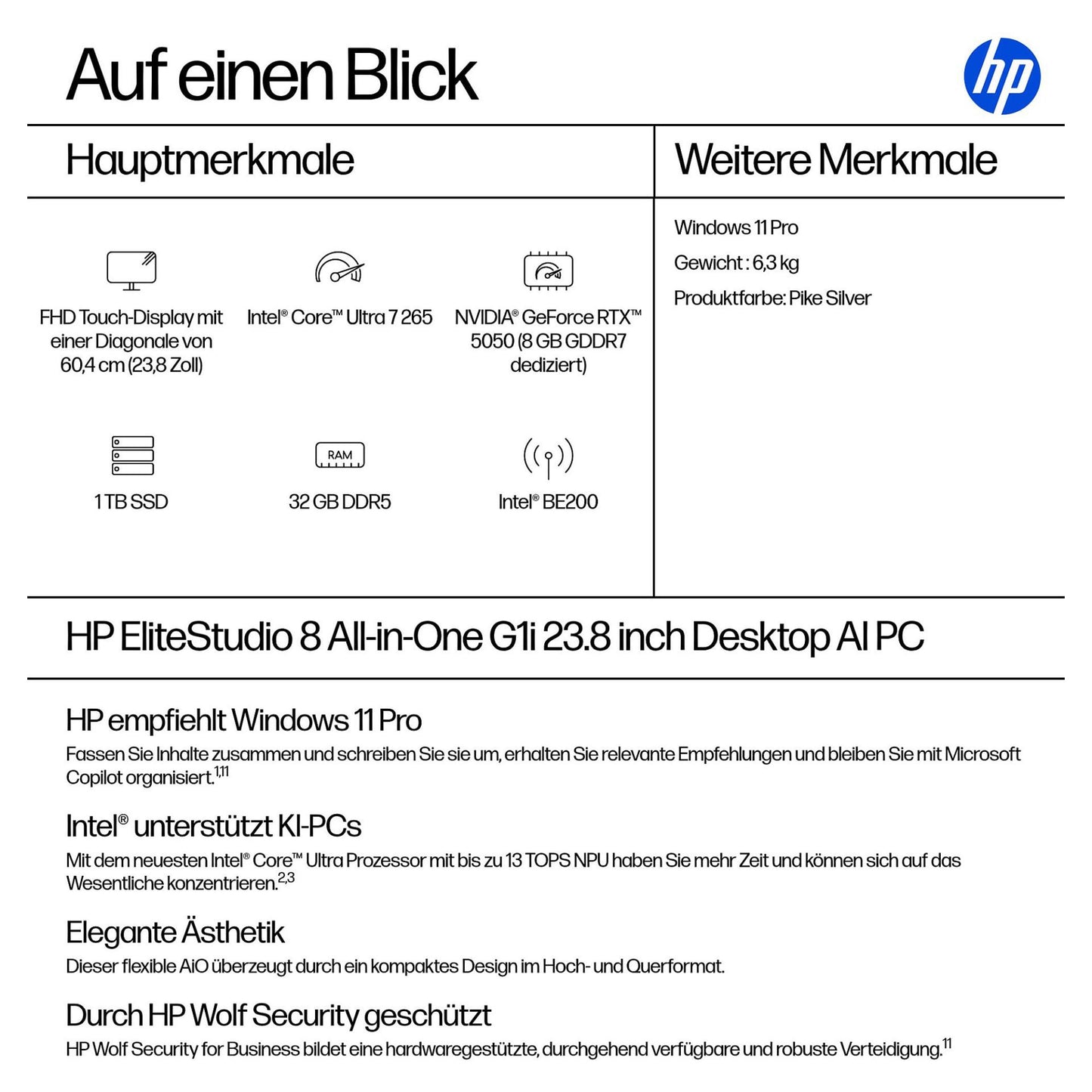 HP Elite Studio 8 AiO Intel Core Ultra 7 265 60,45cm 23,8Zoll FHD 32GB 1TB/SSD W11P 3J Gar (DE)
