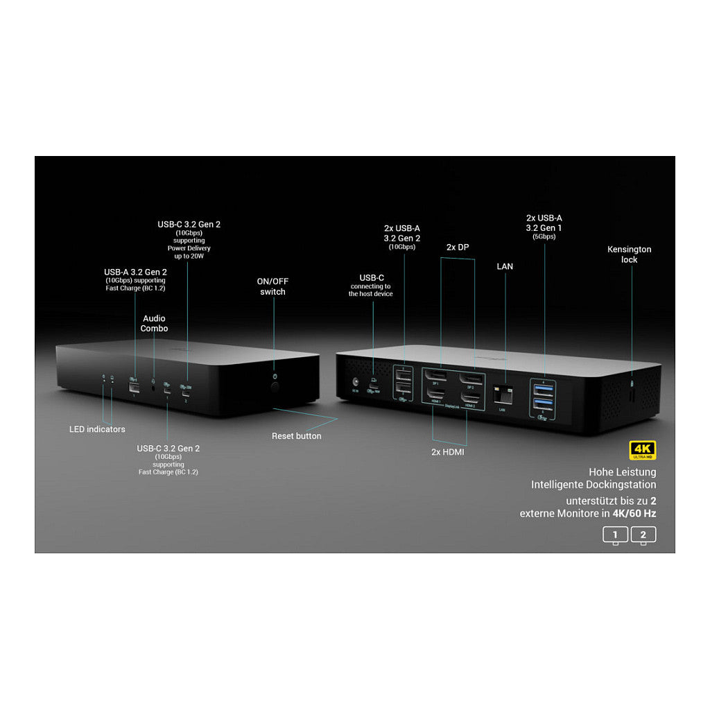 I-TEC Universal Intelligent Dual Display DS 2xHDMI 2xDP 1xGLAN 2xUSB-C Gen2 3xUSB-A Gen2