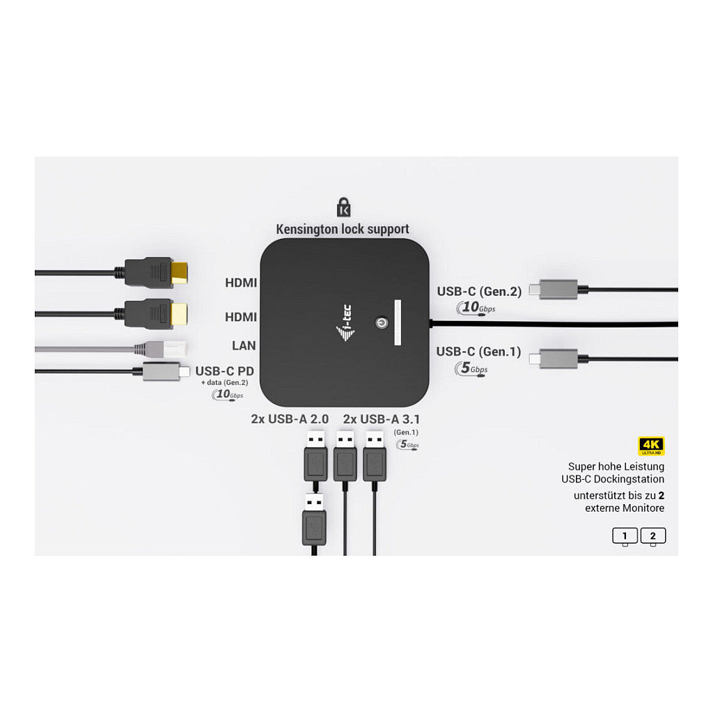 I-TEC USB-C Dual HDMI DS 2xHDMI 1xGLAN 2xUSB-A 3.2 2xUSB 2.0 1xUSB-C Gen2 1xUSB-C Gen1 k 1x100W USB-C PD+Charger 100W