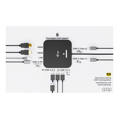 I-TEC USB-C Dual HDMI DS 2xHDMI 1xGLAN 2xUSB-A 3.2 2xUSB 2.0 1xUSB-C Gen2 1xUSB-C Gen1 k 1x100W USB-C PD+Charger 100W