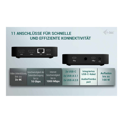 I-TEC USB-C Dual HDMI DS 2xHDMI 1xGLAN 2xUSB-A 3.2 2xUSB 2.0 1xUSB-C Gen2 1xUSB-C Gen1 k 1x100W USB-C PD+Charger 100W