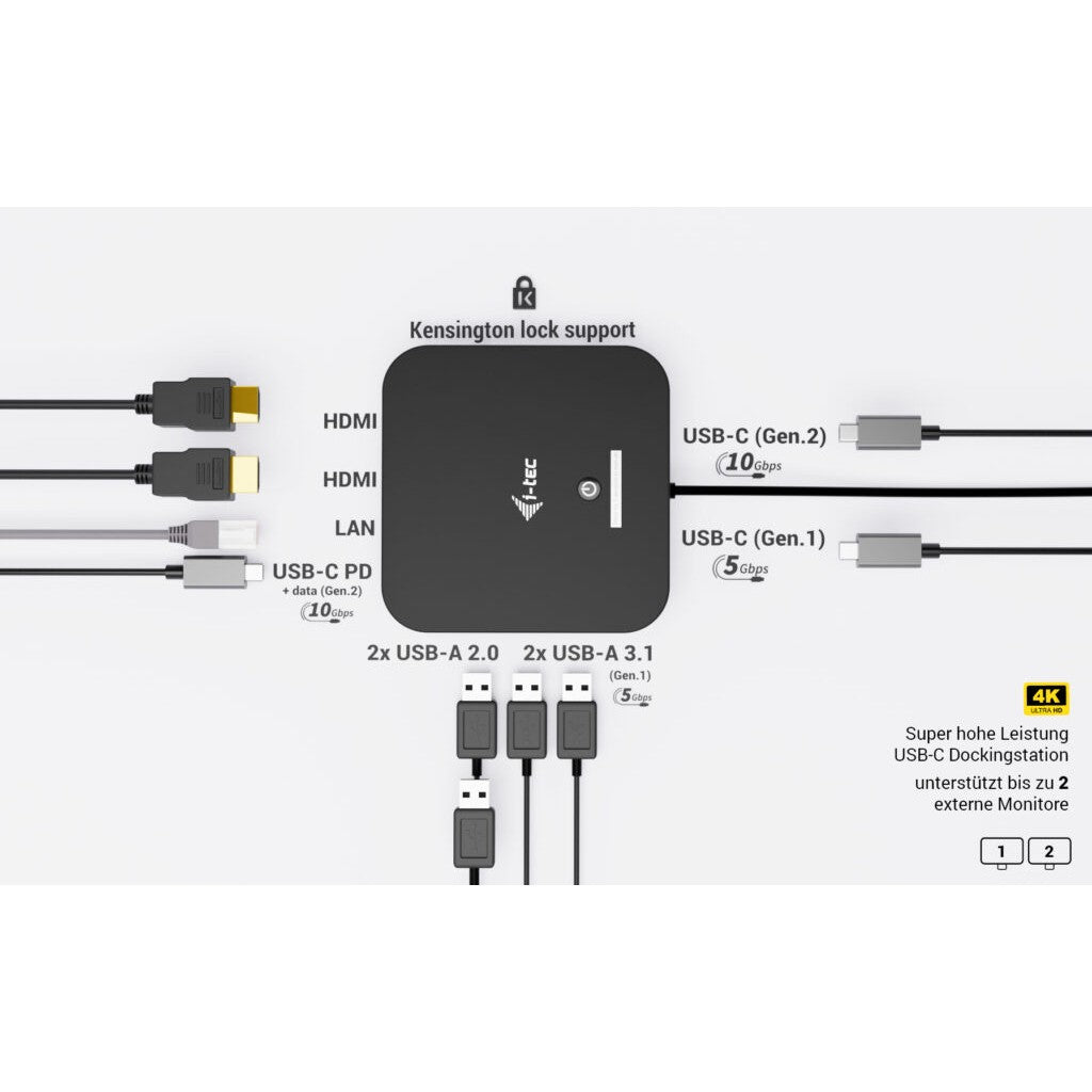I-TEC USB-C Dual HDMI DS 2x HDMI 1x GLAN 2x USB-A 3.2 2x USB 2.0 1x USB-C Gen2 1x USB-C
