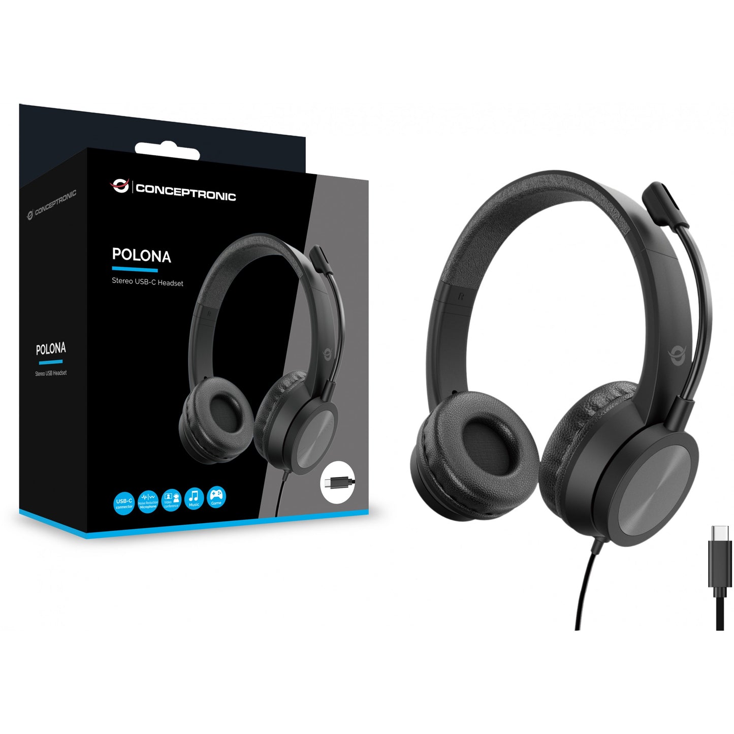 CONCEPTRONIC Headset USB-C Mikro,int.Bed.Stereo 2.0m sw