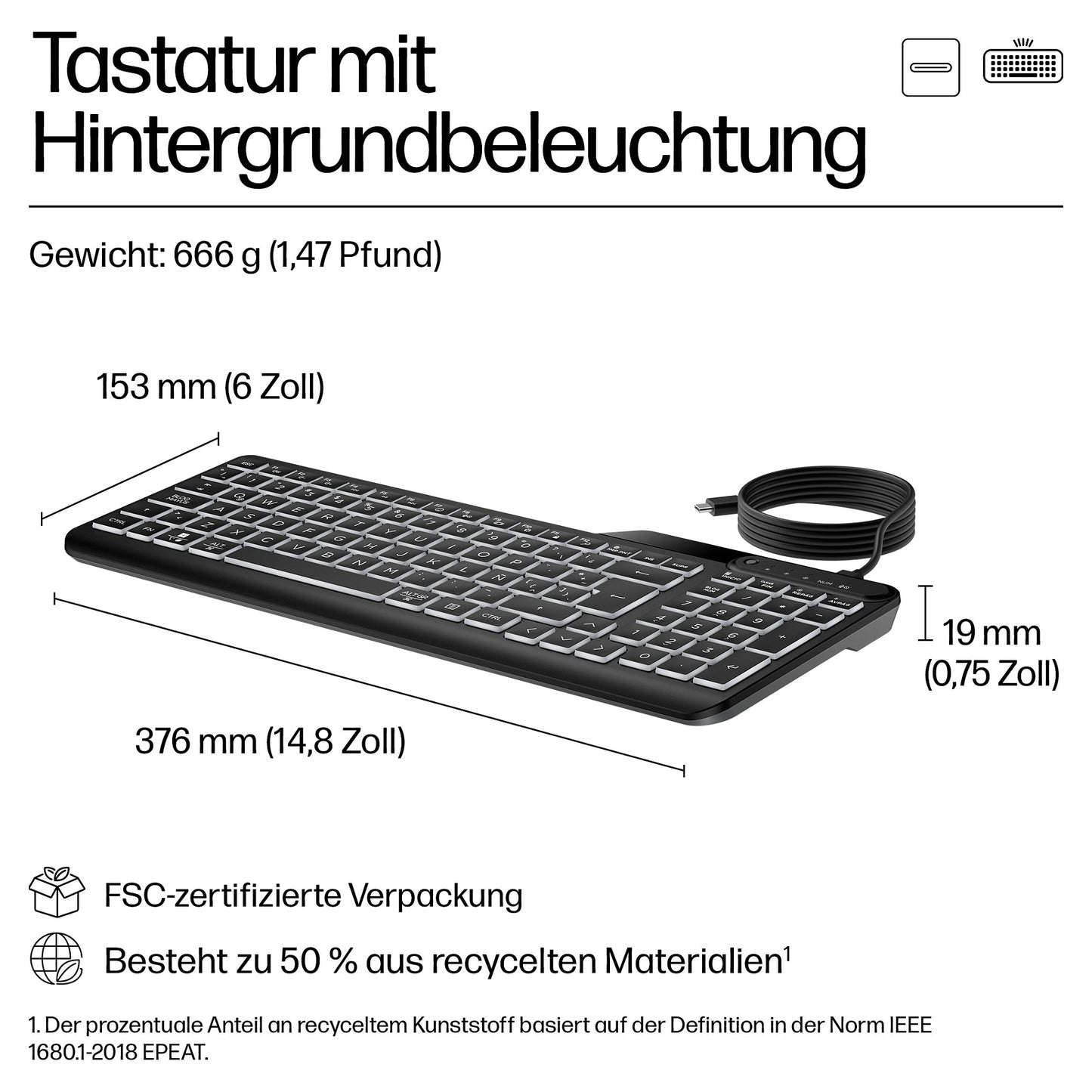 HP 405 Multi-Device Backlit Wired Keyboard