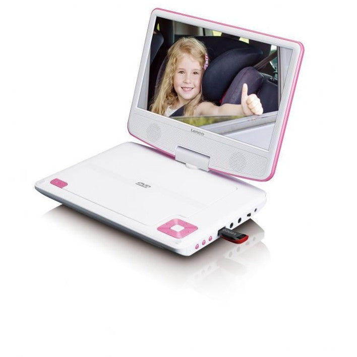 LENCO DVP-910 9" DVD-Player + USB & KfZ-Halterung. pink/wei