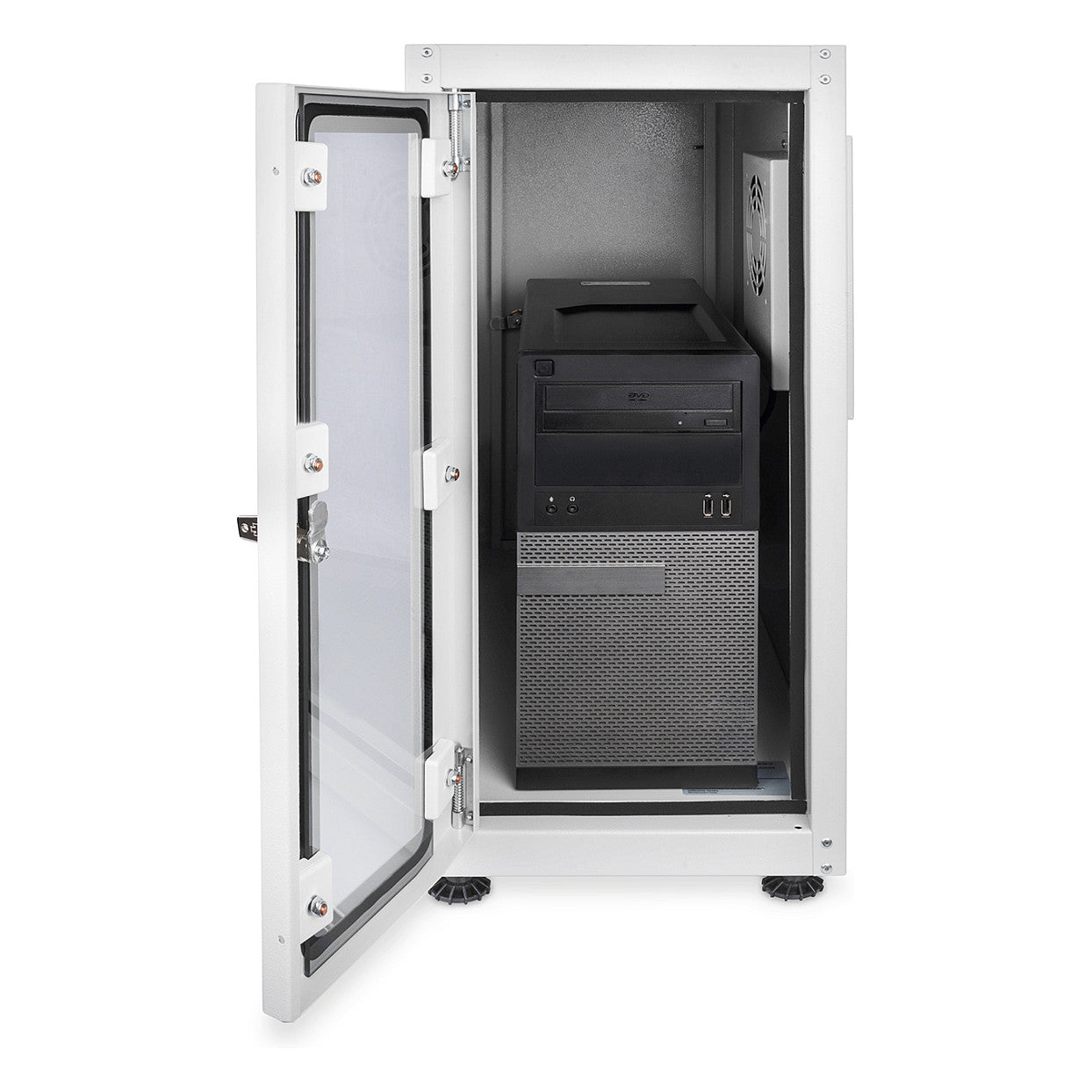 PC Schrank für Computergehäuse Glastür Digitus. inkl. Lüfter und Castorgruppe. Farbe Grau RAL 7035