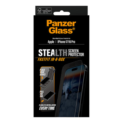PanzerGlass Stealth Screen Protector w. Black Frame iPhone 17 | iPhone 16 Pro | Ultra-Wide Fit w. Fastfit in-a-box