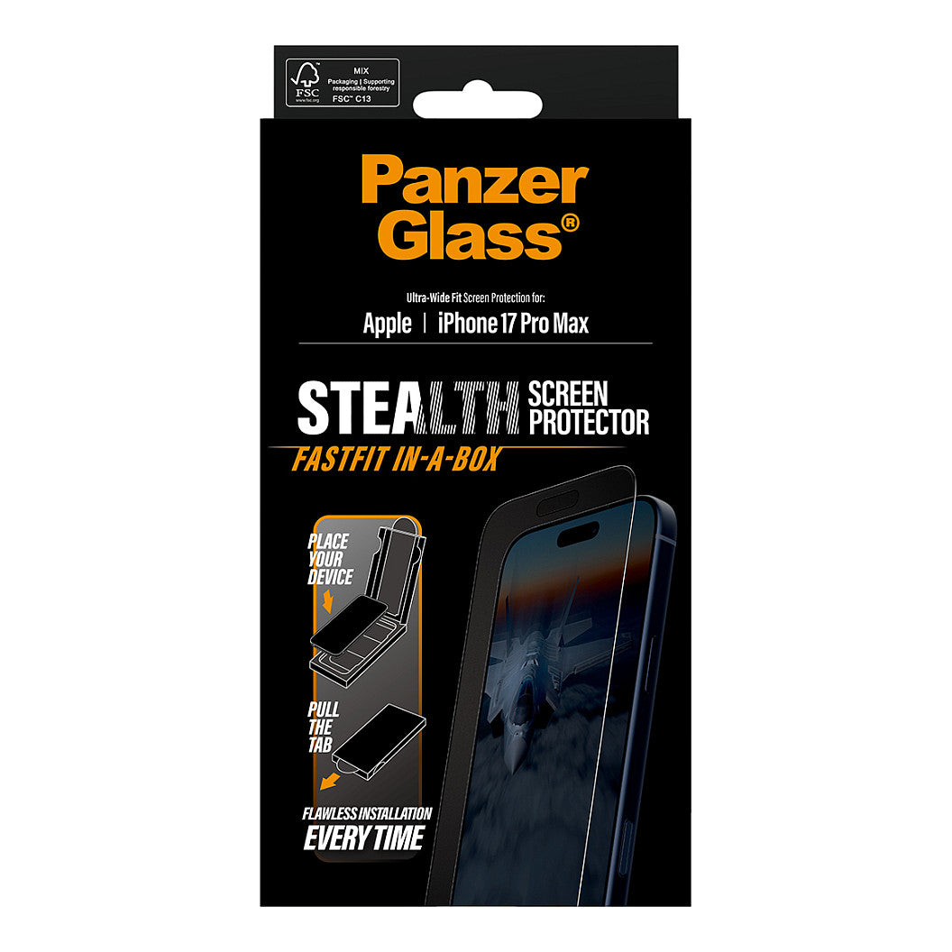 PanzerGlass Stealth Screen Protector w. Black Frame iPhone 17 Pro Max | Ultra-Wide Fit w. Fastfit in-a-box