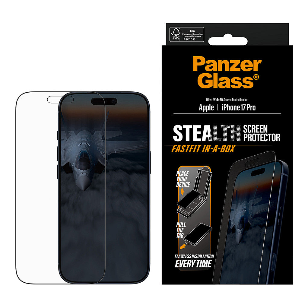 PanzerGlass Stealth Screen Protector w. Black Frame iPhone 17 Pro | Ultra-Wide Fit w. Fastfit in-a-box