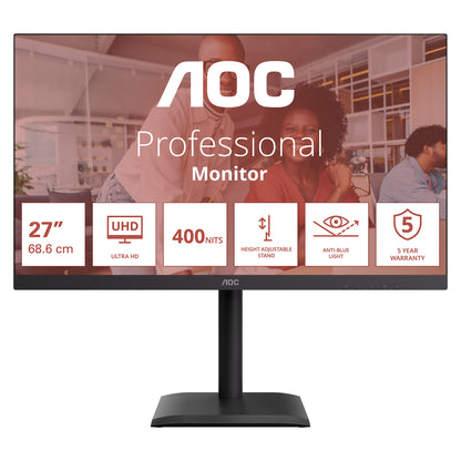 AOC U27E4CV - 27 Zoll Ultra HD, Lautsprecher, (3840x2160, 60 Hz, 2x HDMI 2.0, DisplayPort 1.4, USB-C (90W PD), RJ45, USB Hub) schwarz