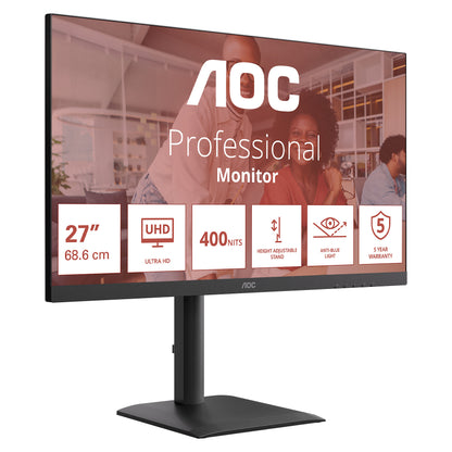 AOC U27E4CV - 27 Zoll Ultra HD, Lautsprecher, (3840x2160, 60 Hz, 2x HDMI 2.0, DisplayPort 1.4, USB-C (90W PD), RJ45, USB Hub) schwarz
