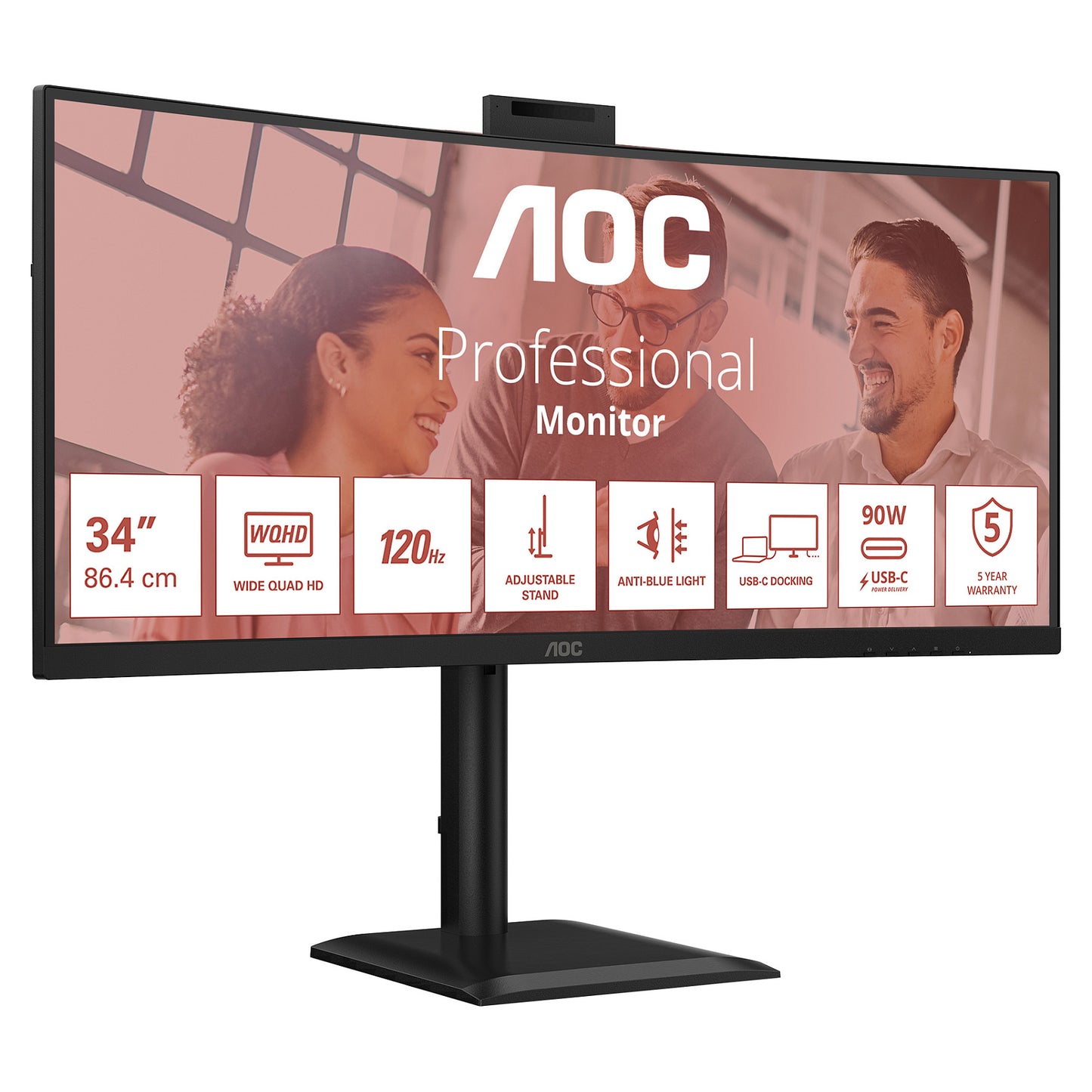 86,4cm/34" (3440x1440) AOC CU34E4CW 21:9 VA 4ms 120Hz Curved HDMI DisplayPort USB-C RJ45 VESA Speaker Webcam HDR10 KVM Black
