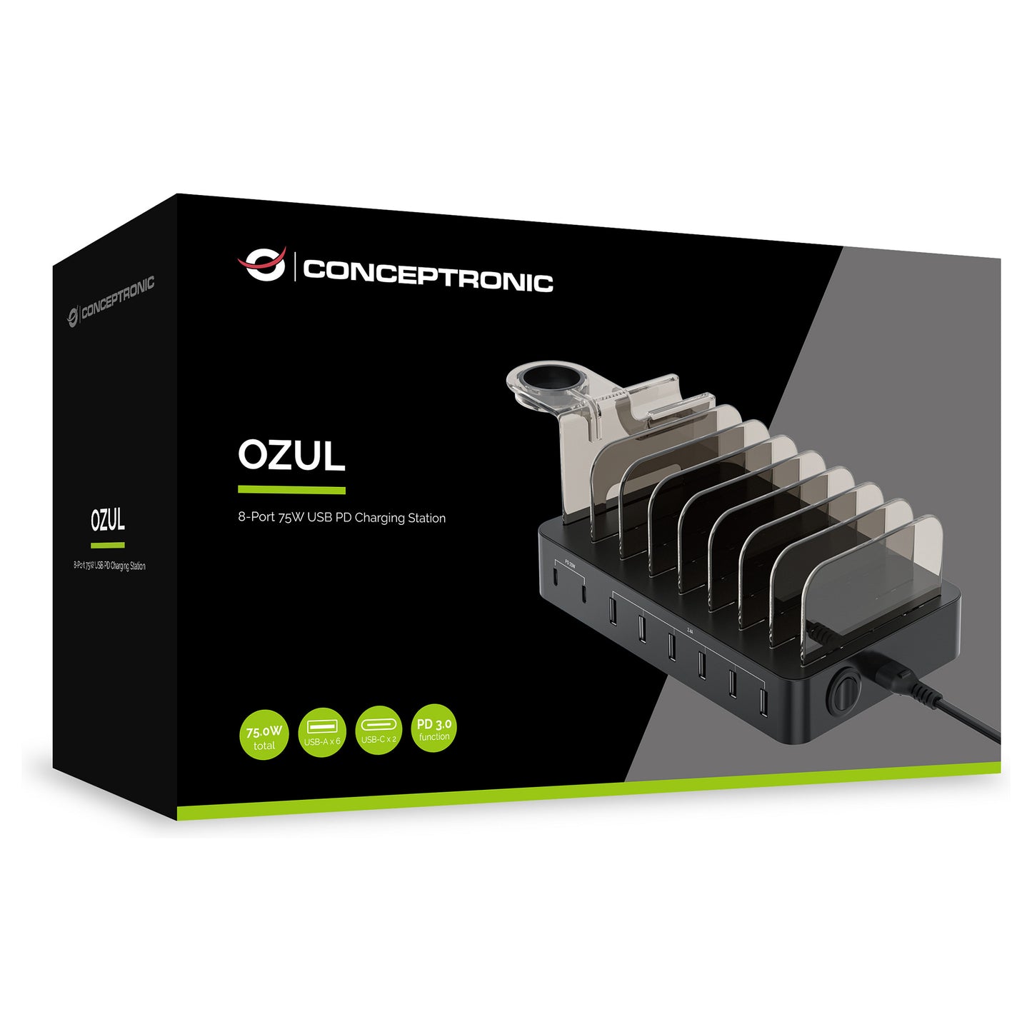 CONCEPTRONIC Ladegerät 8Port 6xUSB-A/2xC Multi 75WPD3.0 sw