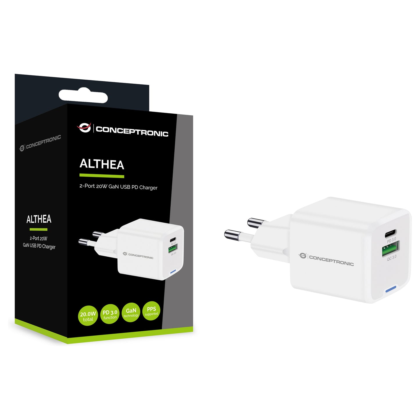 CONCEPTRONIC Ladegerät 2Port GaN USB-C/-A 20WPD3.0/PPS ws