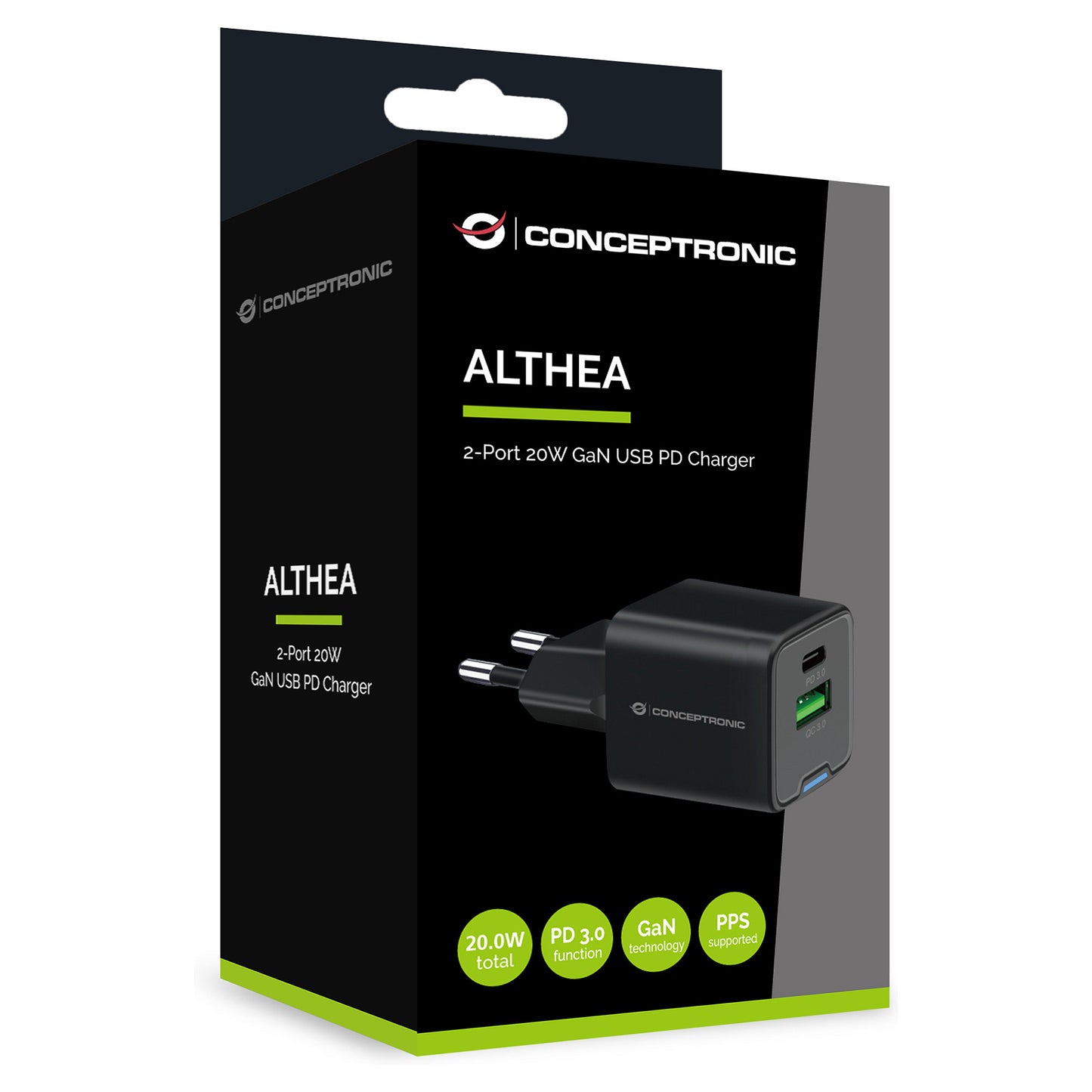 CONCEPTRONIC Ladegerät 2Port GaN USB-C/-A 20WPD3.0/PPS sw