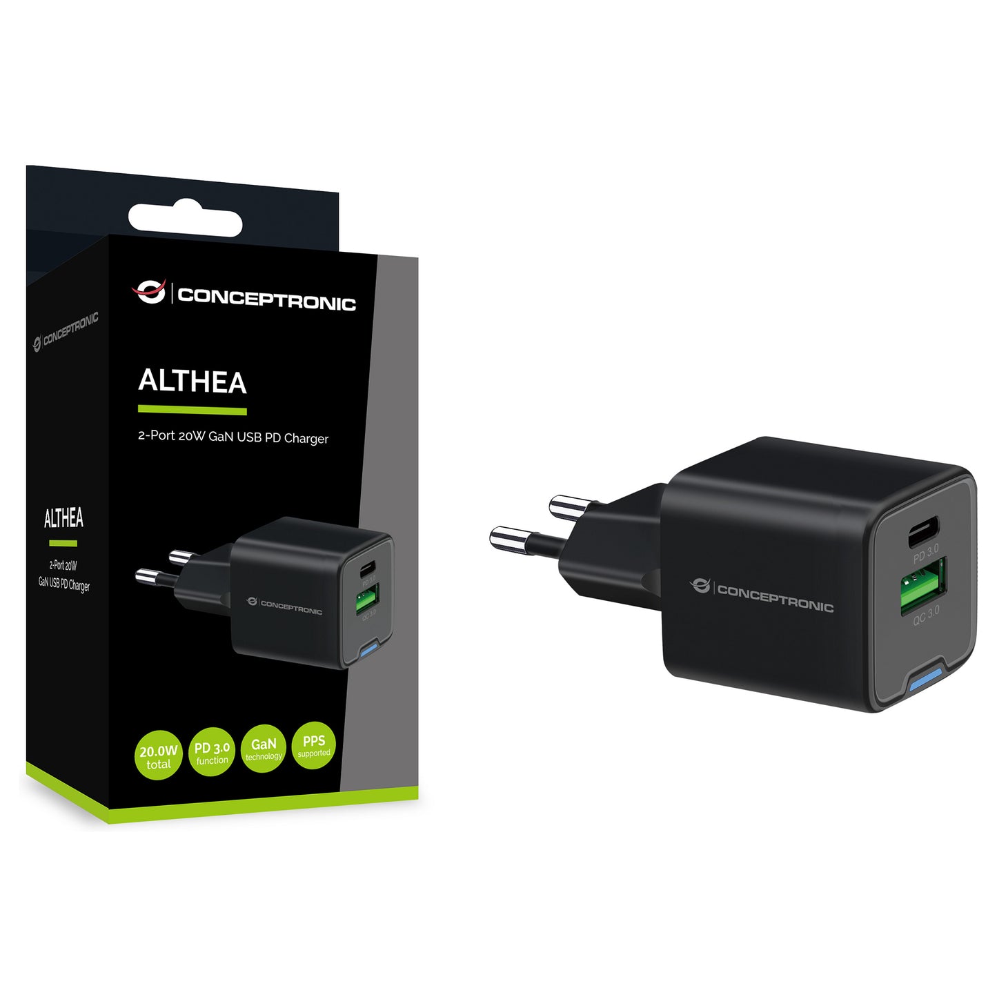 CONCEPTRONIC Ladegerät 2Port GaN USB-C/-A 20WPD3.0/PPS sw