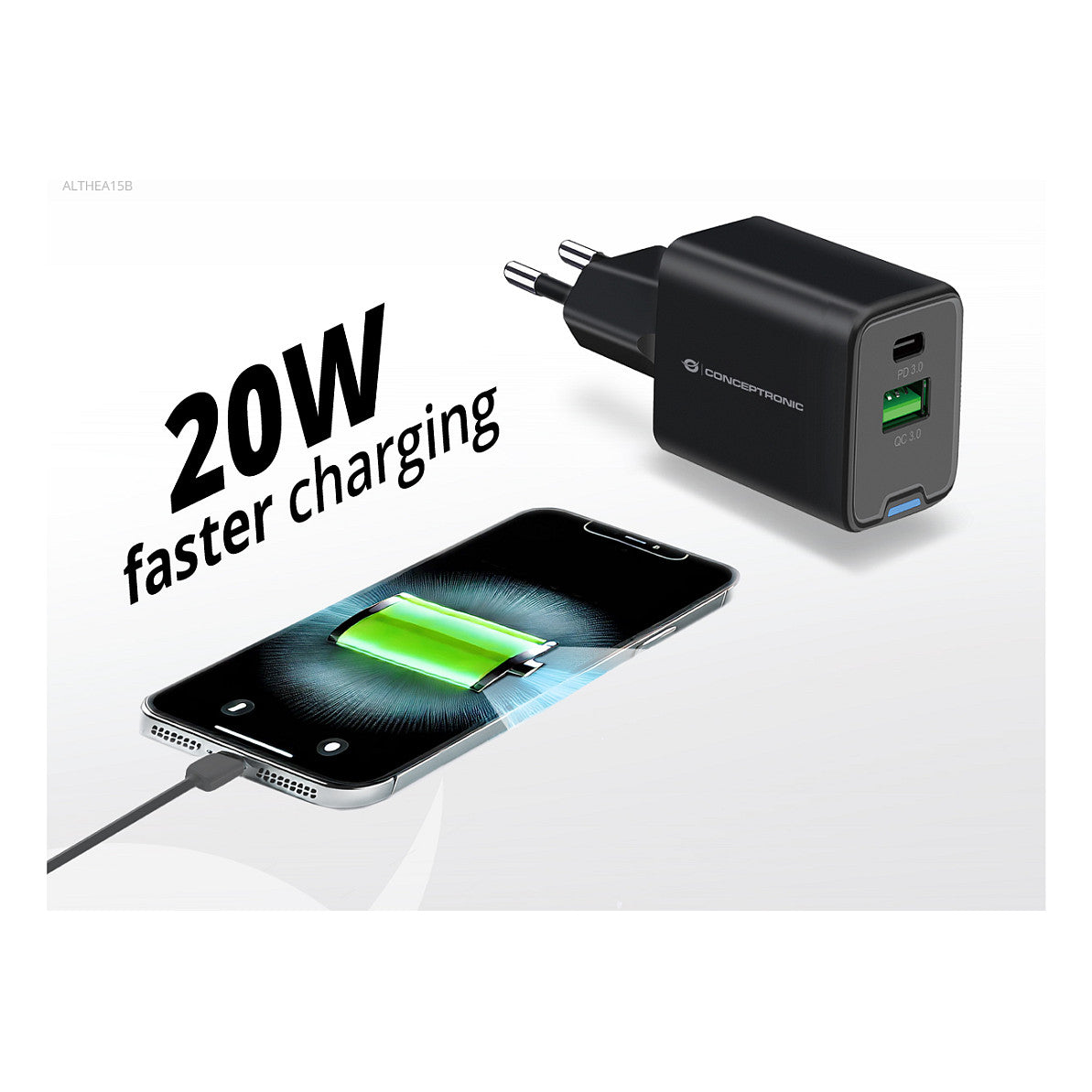 CONCEPTRONIC Ladegerät 2Port GaN USB-C/-A 20WPD3.0/PPS sw