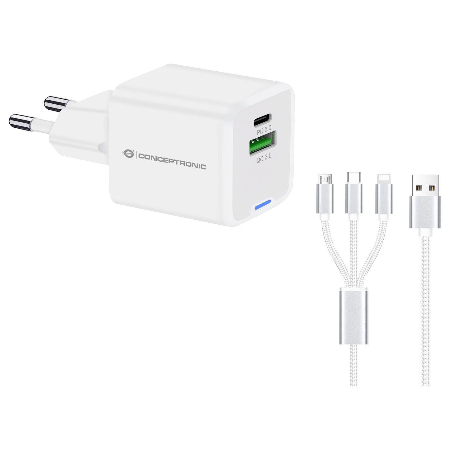 CONCEPTRONIC Ladegerät 2Port GaN 3-in-1 33WPD3.0/PPS ws