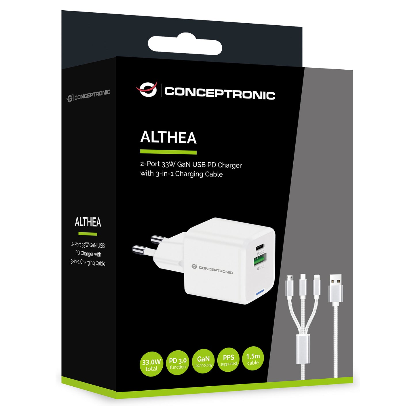 CONCEPTRONIC Ladegerät 2Port GaN 3-in-1 33WPD3.0/PPS ws