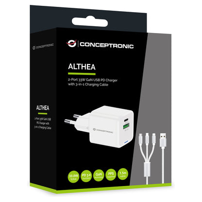 CONCEPTRONIC Ladegerät 2Port GaN 3-in-1 33WPD3.0/PPS ws