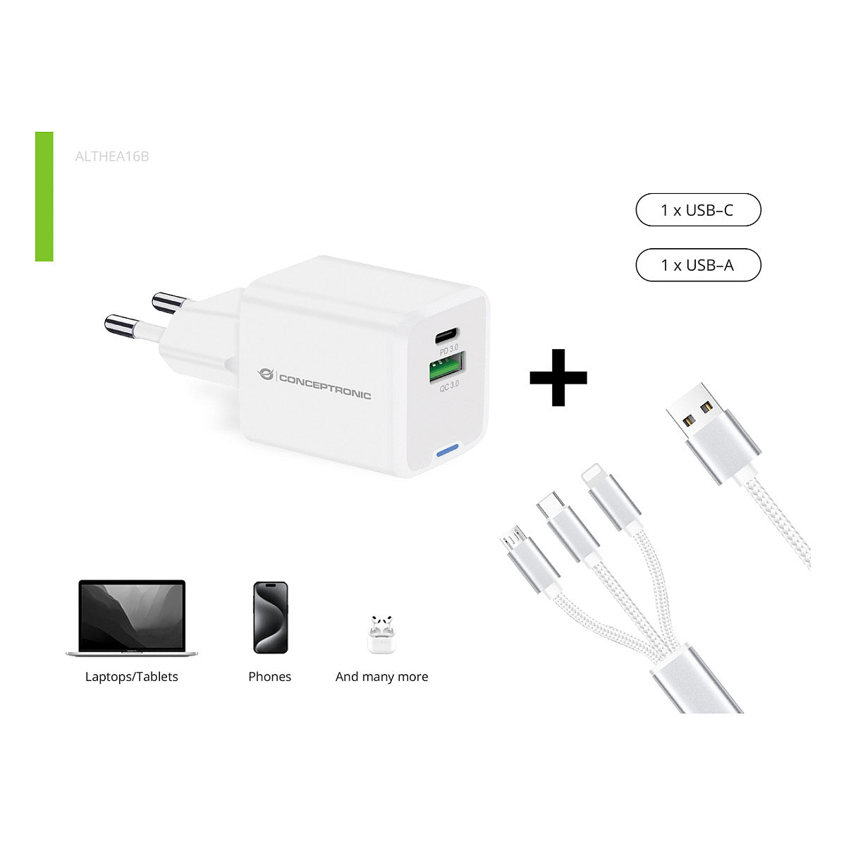 CONCEPTRONIC Ladegerät 2Port GaN 3-in-1 33WPD3.0/PPS ws