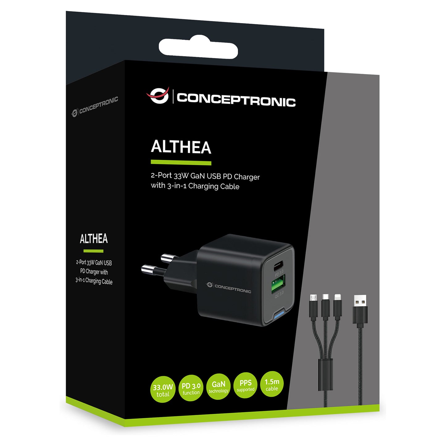 CONCEPTRONIC Ladegerät 2Port GaN 3-in-1 33WPD3.0/PPS sw