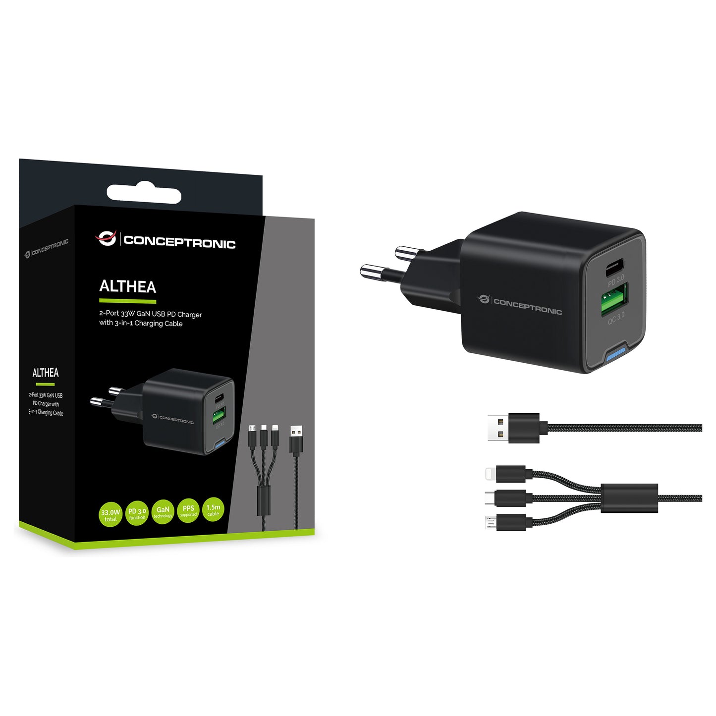 CONCEPTRONIC Ladegerät 2Port GaN 3-in-1 33WPD3.0/PPS sw