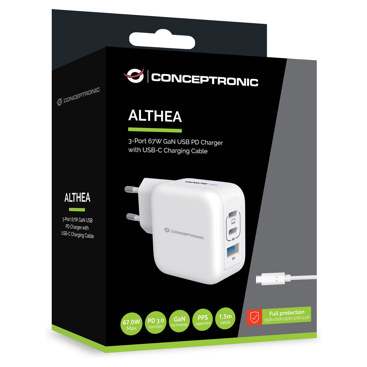 CONCEPTRONIC Ladegerät 3Port GaN 2xUSB-C/1xA 67WPD3.0/PPS ws