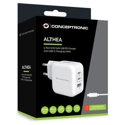 CONCEPTRONIC Ladegerät 3Port GaN 2xUSB-C/1xA 67WPD3.0/PPS ws