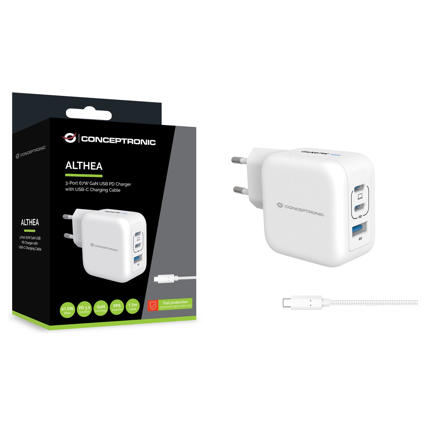 CONCEPTRONIC Ladegerät 3Port GaN 2xUSB-C/1xA 67WPD3.0/PPS ws