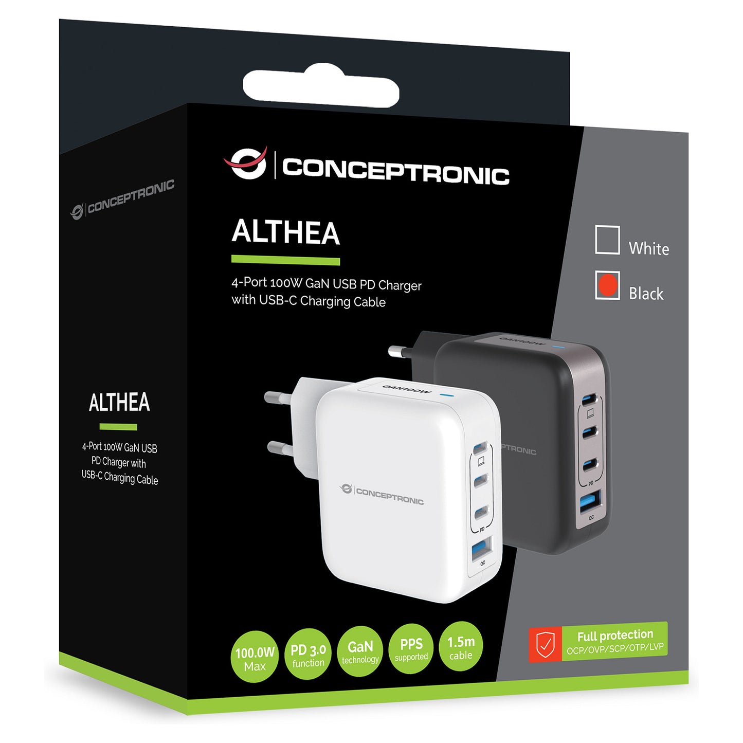CONCEPTRONIC Ladegerät 4Port GaN 3xUSB-C/1xA100WPD3.0/PPS sw