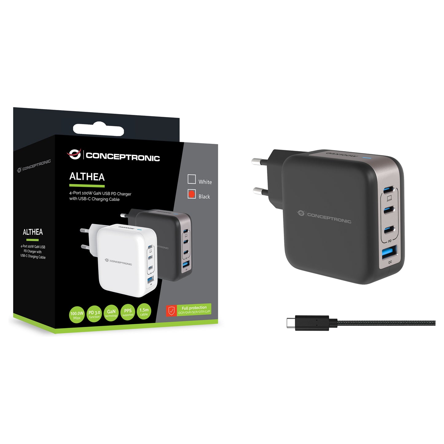 CONCEPTRONIC Ladegerät 4Port GaN 3xUSB-C/1xA100WPD3.0/PPS sw