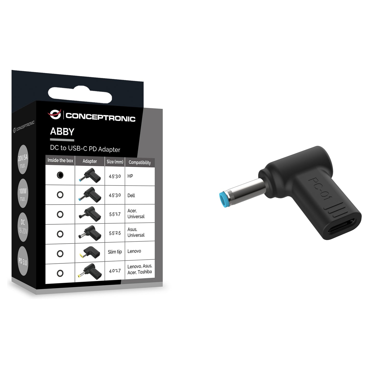 CONCEPTRONIC USB-C PD100W->HP 4.5x3.0mm Adap.18-20V sw
