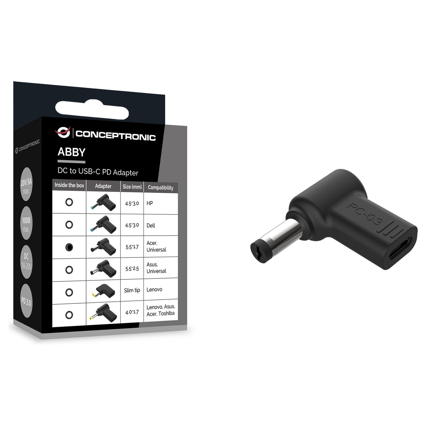 CONCEPTRONIC USB-C PD100W->Acer/Uni.5.5x1.7mm Adap.18-20V sw