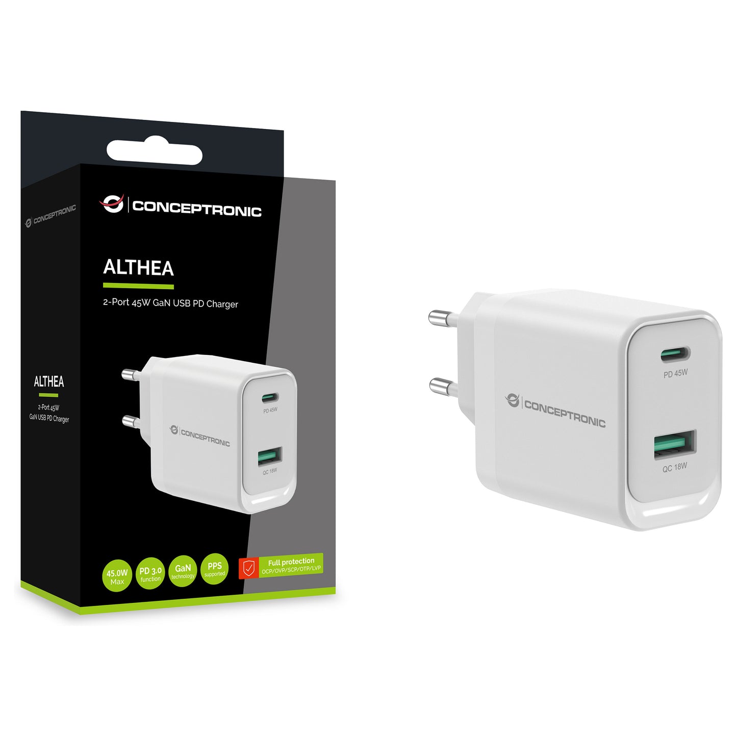 CONCEPTRONIC Ladegerät 2Port GaN USB-C/-A 45WPD3.0/PPS ws