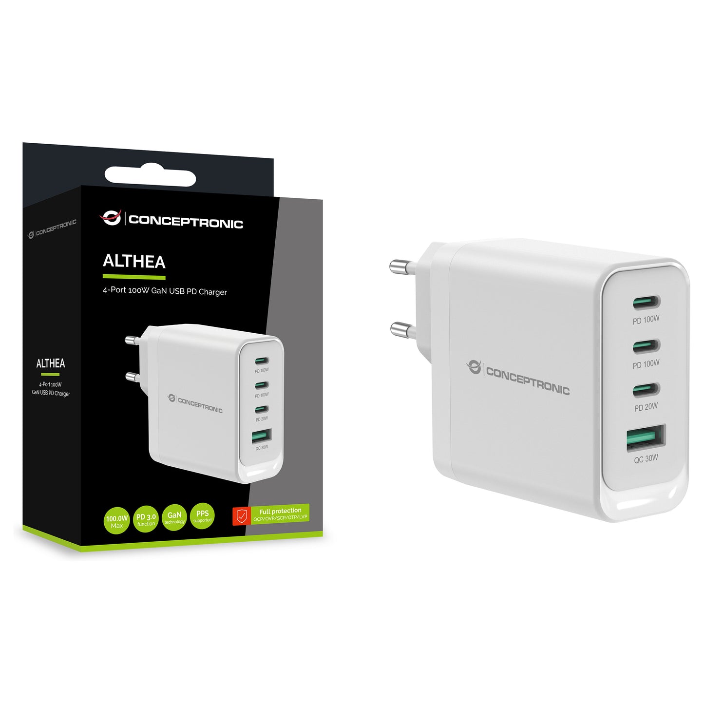 CONCEPTRONIC Ladegerät 4Port GaN 3xUSB-C/1xA100WPD3.0/PPS ws