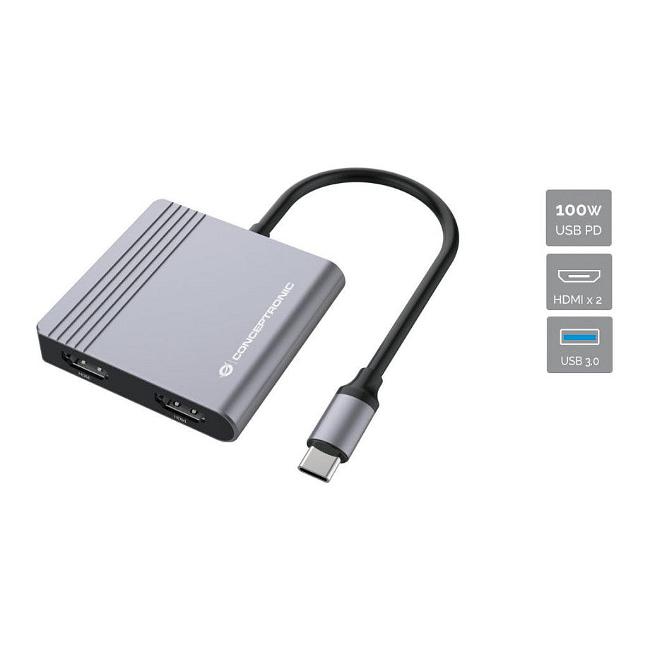 CONCEPTRONIC 4-1 Dock USB-C->2xHDMI/USB-A/100WPD 25cm gr