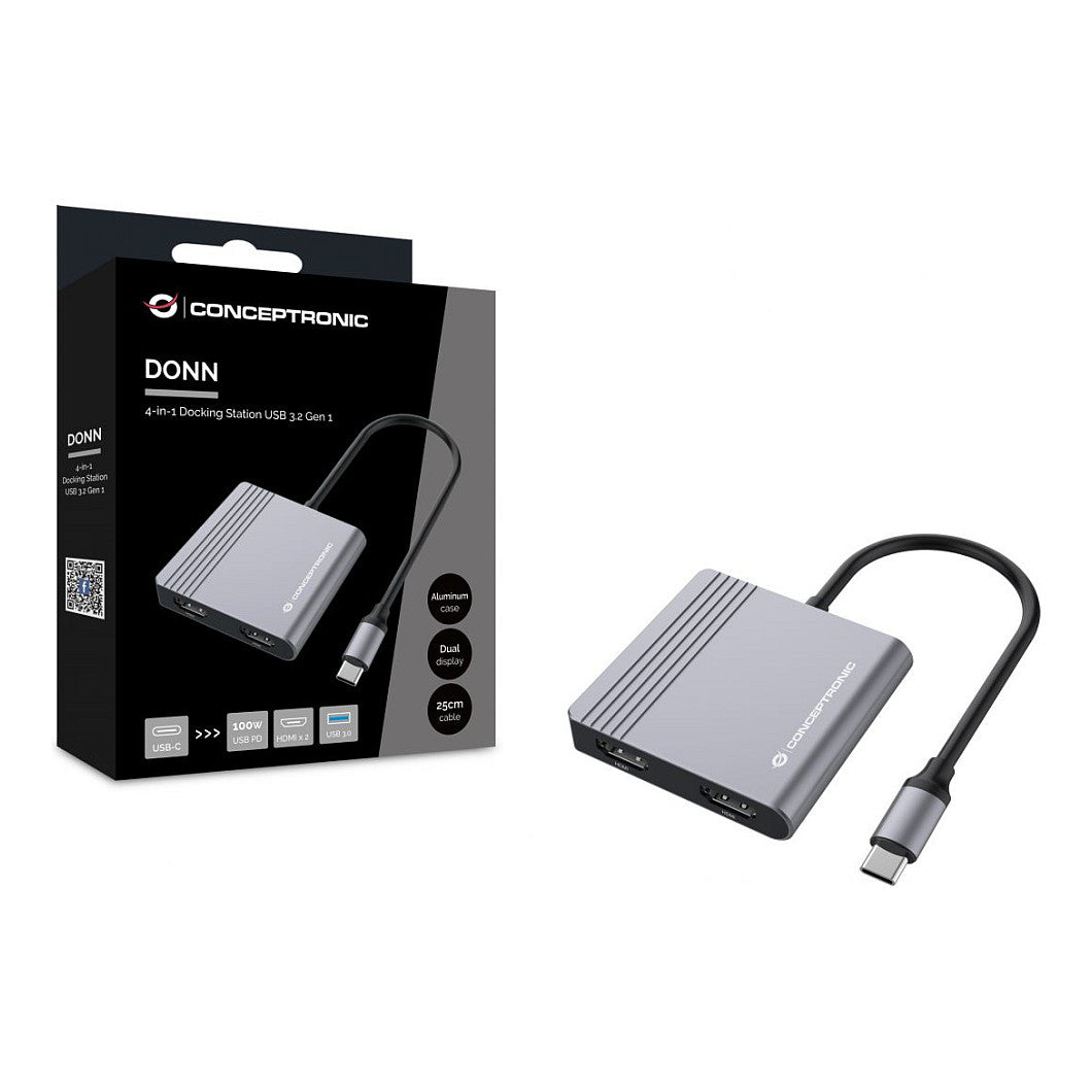 CONCEPTRONIC 4-1 Dock USB-C->2xHDMI/USB-A/100WPD 25cm gr