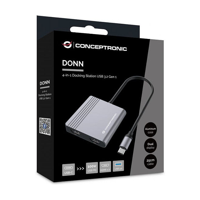 CONCEPTRONIC 4-1 Dock USB-C->2xHDMI/USB-A/100WPD 25cm gr