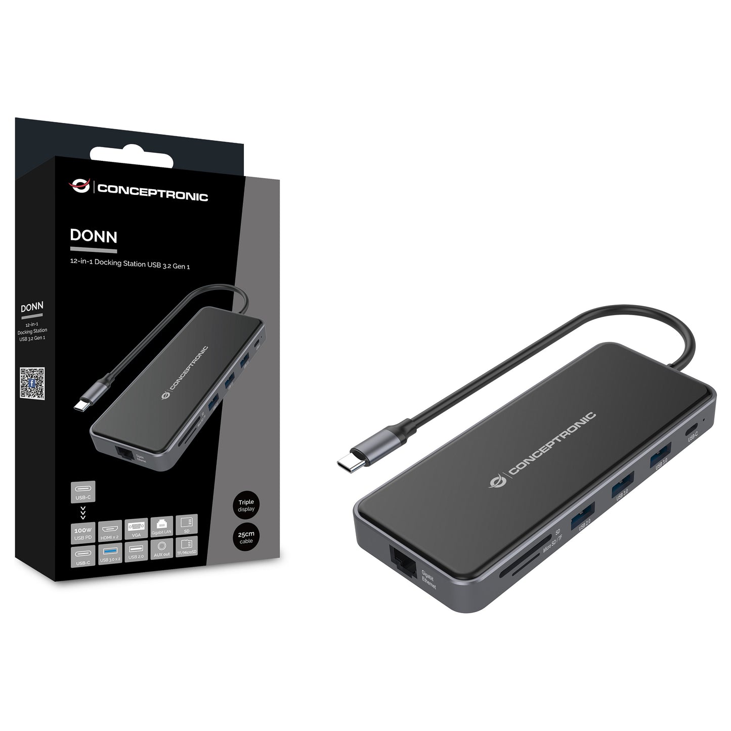 CONCEPTRONIC 12-1 Dock USB-C->2xHDMI/3xUSB-A/AUX/+ 25cm gr