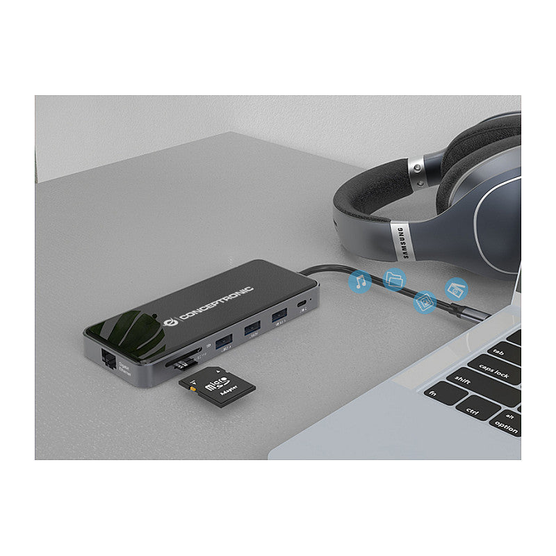 CONCEPTRONIC 12-1 Dock USB-C->2xHDMI/3xUSB-A/AUX/+ 25cm gr