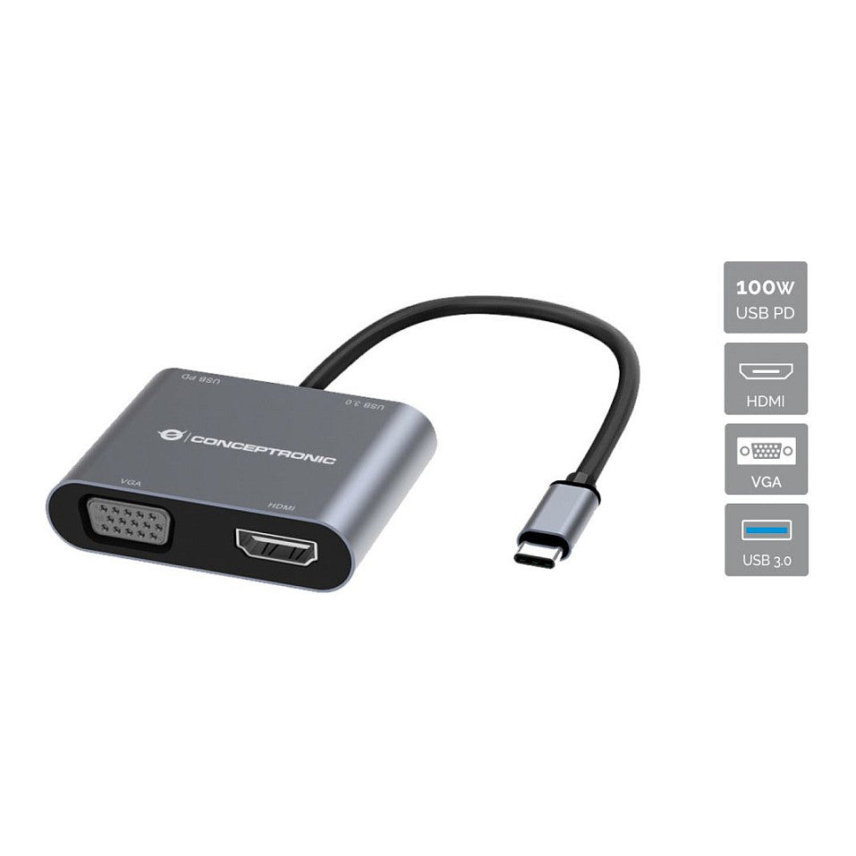 CONCEPTRONIC 4-1 Dock USB-C->HDMI.USB3.0.VGA.100WPD 15cm gr