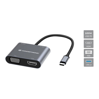 CONCEPTRONIC 4-1 Dock USB-C->HDMI.USB3.0.VGA.100WPD 15cm gr