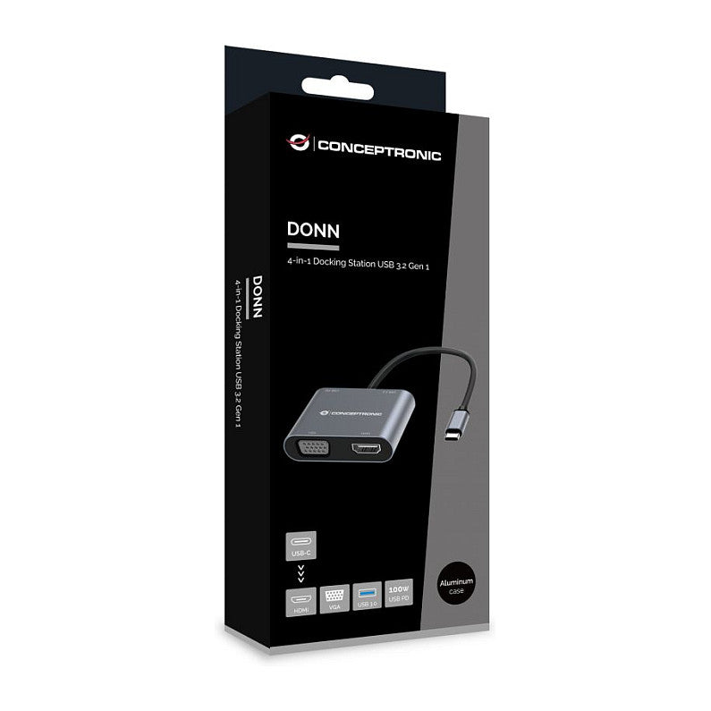 CONCEPTRONIC 4-1 Dock USB-C->HDMI.USB3.0.VGA.100WPD 15cm gr