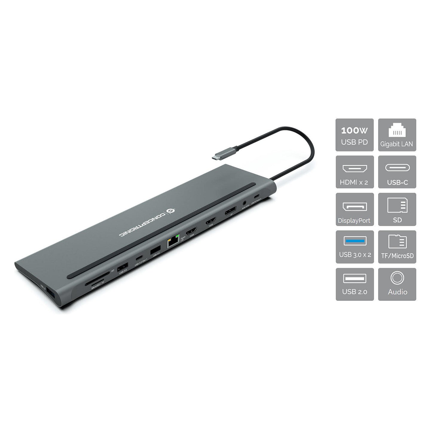 CONCEPTRONIC 12-1 Dock USB-C->2xHDMI/3xUSB-A/DP/+ 18cm gr
