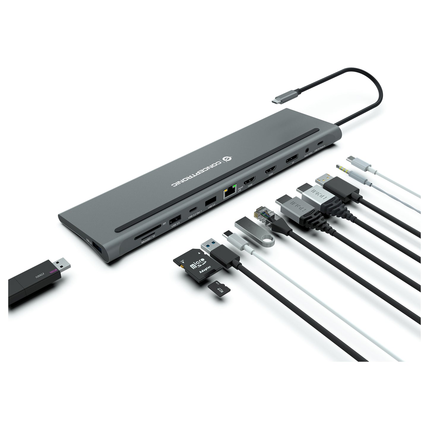CONCEPTRONIC 12-1 Dock USB-C->2xHDMI/3xUSB-A/DP/+ 18cm gr